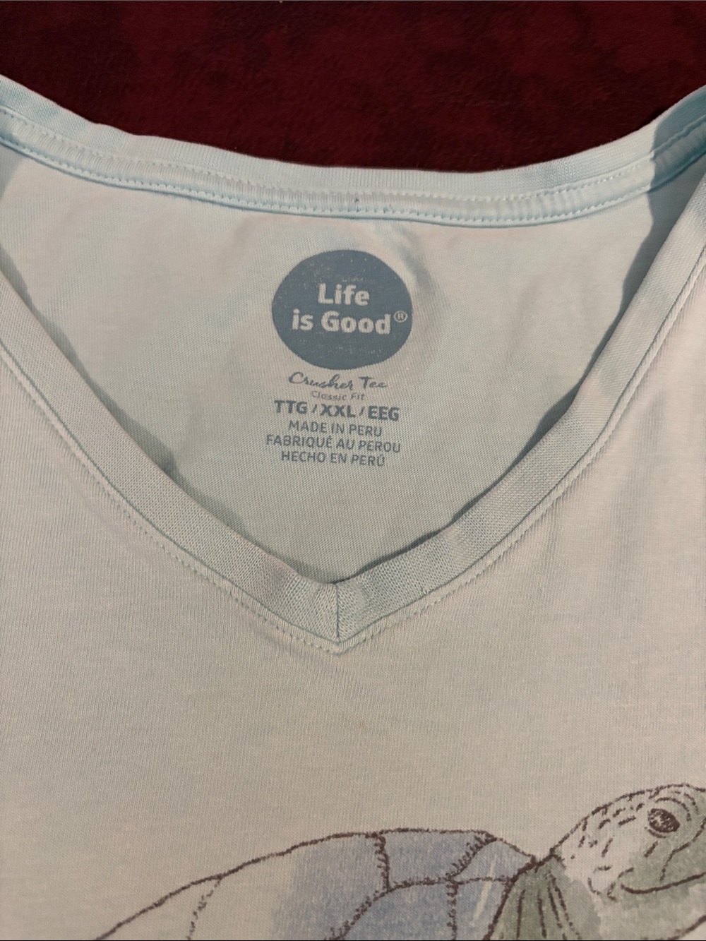 Life Is Good Light Blue V-Neck Graphic Tee with Turtle